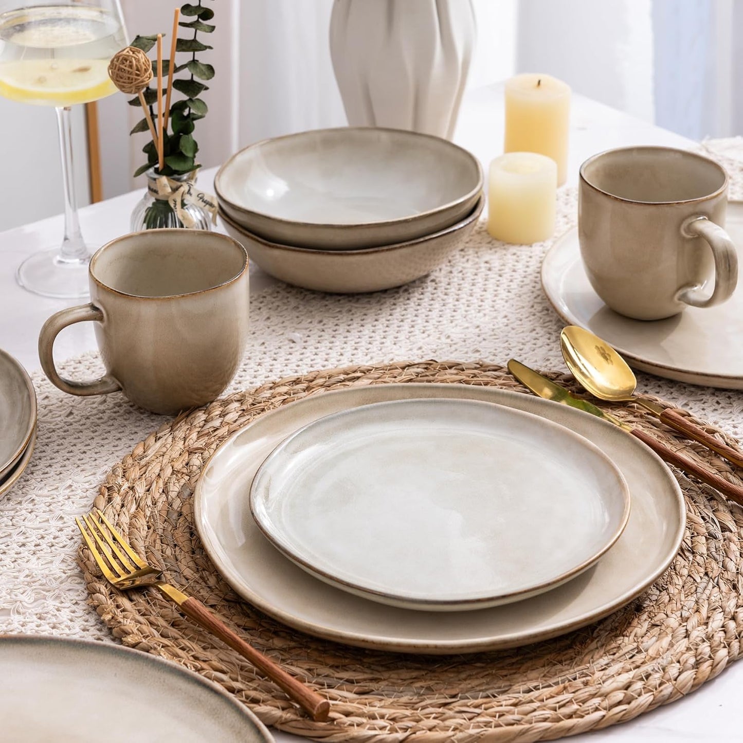 AmorArc Ceramic Dinnerware Sets,Handmade Reactive Glaze Stonewre Plates and Bowls Sets,Highly Chip and Crack Resistant | Dishwasher & Microwave Safe Dishes Set,Service for 4 (12pc)