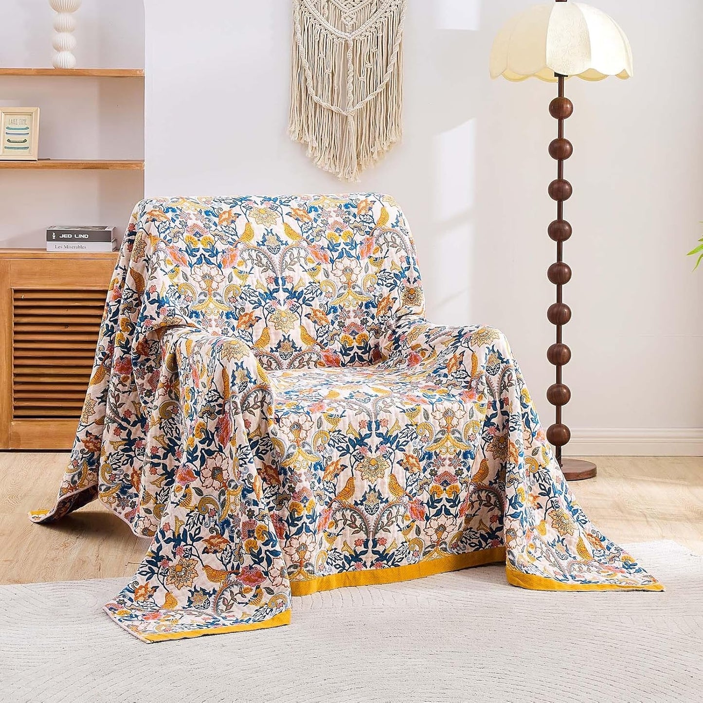 Boho Blanket Throw Quilt, 100% Cotton Soft Light Weight Throw Blankets for Summer, 90"x98" Farmhouse Flower Decorative Blankets, All Season Rustic Reversible Bohemian Throw Quilt