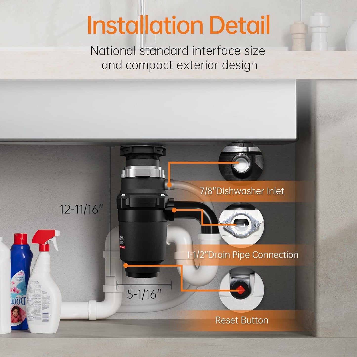 1/2 HP Garbage Disposals, TECASA Continuous Feed, Stainless Steel Food Waste Grinding System for Kitchen Sink Food Waste, Power Cord Included, Black - HyperCrush 50