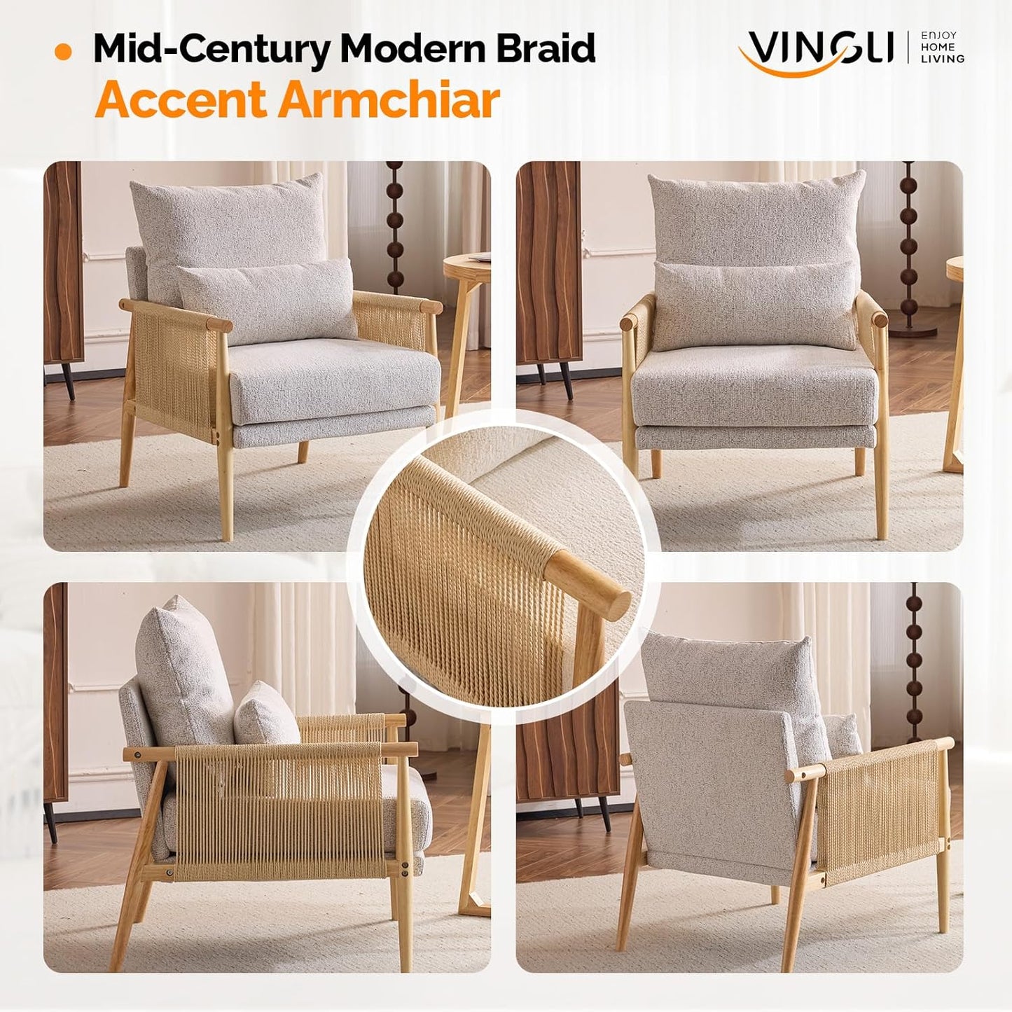 VINGLI Boho Braid Accent Armchairs Set of 2,Mid-Century Modern Chiars with Solid Wooden Armrest,Comfy Louge Cushion Chairs with Waist Pillow for Bedroom,Living Room,Reading Room, Light Grey