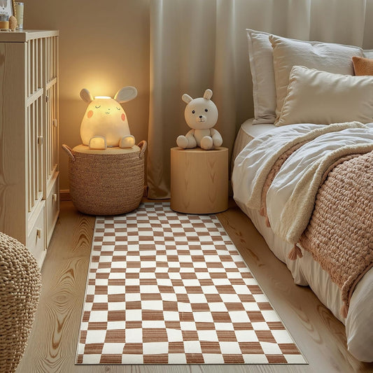 jinchan Runner Rug 2x6 Hallway Washable Modern Checkered Geometric Lattice Kids Bedroom Rug Indoor Floor Cover Non Slip Soft Carpet for Nursery Room Kitchen Laundry Room Home Brown