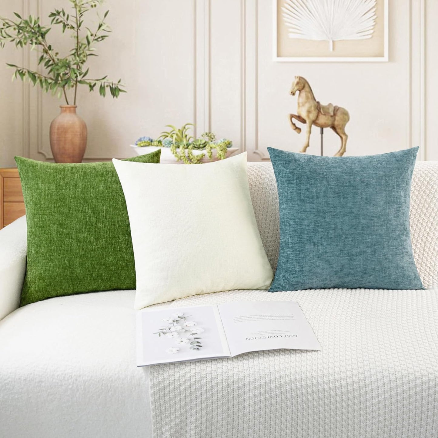 CaliTime Throw Pillow Covers Decorative 16 X 26 Inches Pack of 2 Cozy Chenille Cushion Cases for Couch Sofa Bed Living Room Home Cream