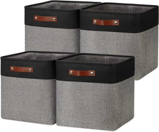 DULLEMELO Storage Bins for Organizing,Closet Storage Baskets for Gift Empty,Large Linen Canvas Storage Bins with Handles for Home Office Toys Shelves(Black&Grey, 13 inch Cube)
