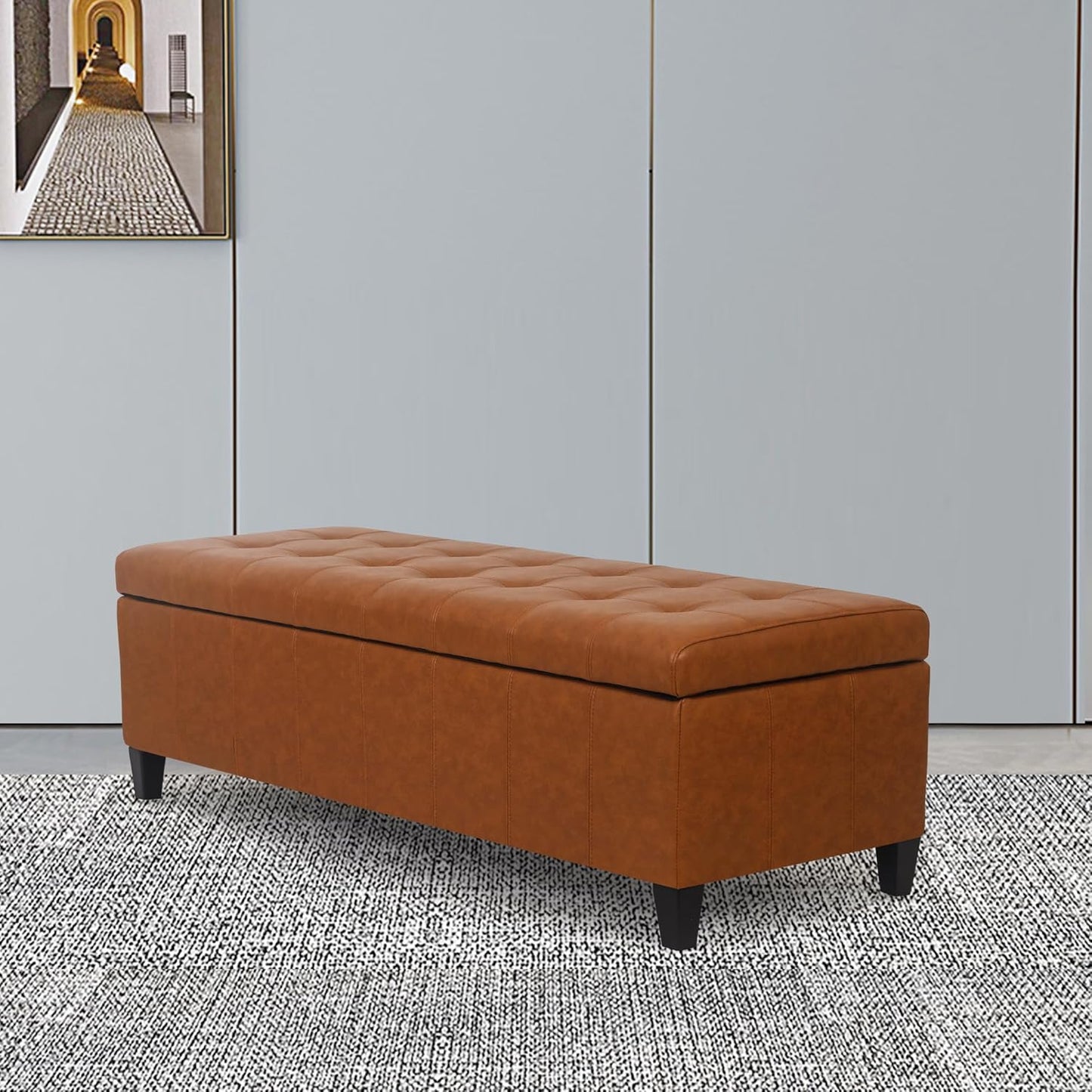 Joveco 51 Inch Storage Ottoman Bench,Tufted Leather Storage Bench for Bedroom (51”,Dark Orange)