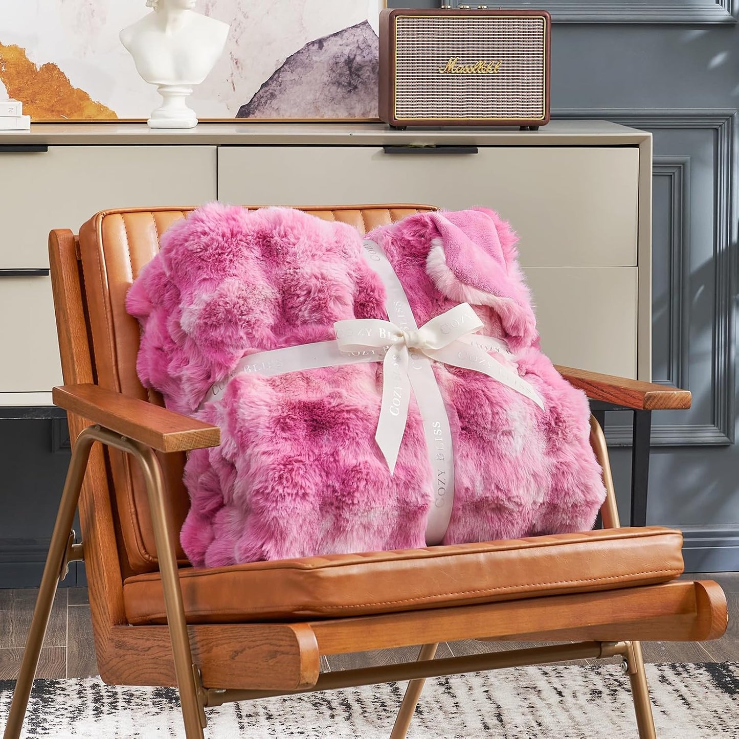 Cozy Bliss Faux Fur Throw Blanket for Couch, Fuzzy Soft Plush Thick Bubble Blanket for Sofa Bedroom Living Room, 50 * 60 Inches Tie Dye Pink
