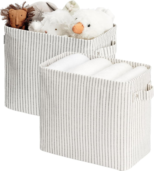 StorageWorks Narrow Storage Bins, Small Basket for Closet and Shelves, Rectangular Fabric Organizer with Handles, Toilet Paper Storage, Gray and White Stripes, 2-Pack