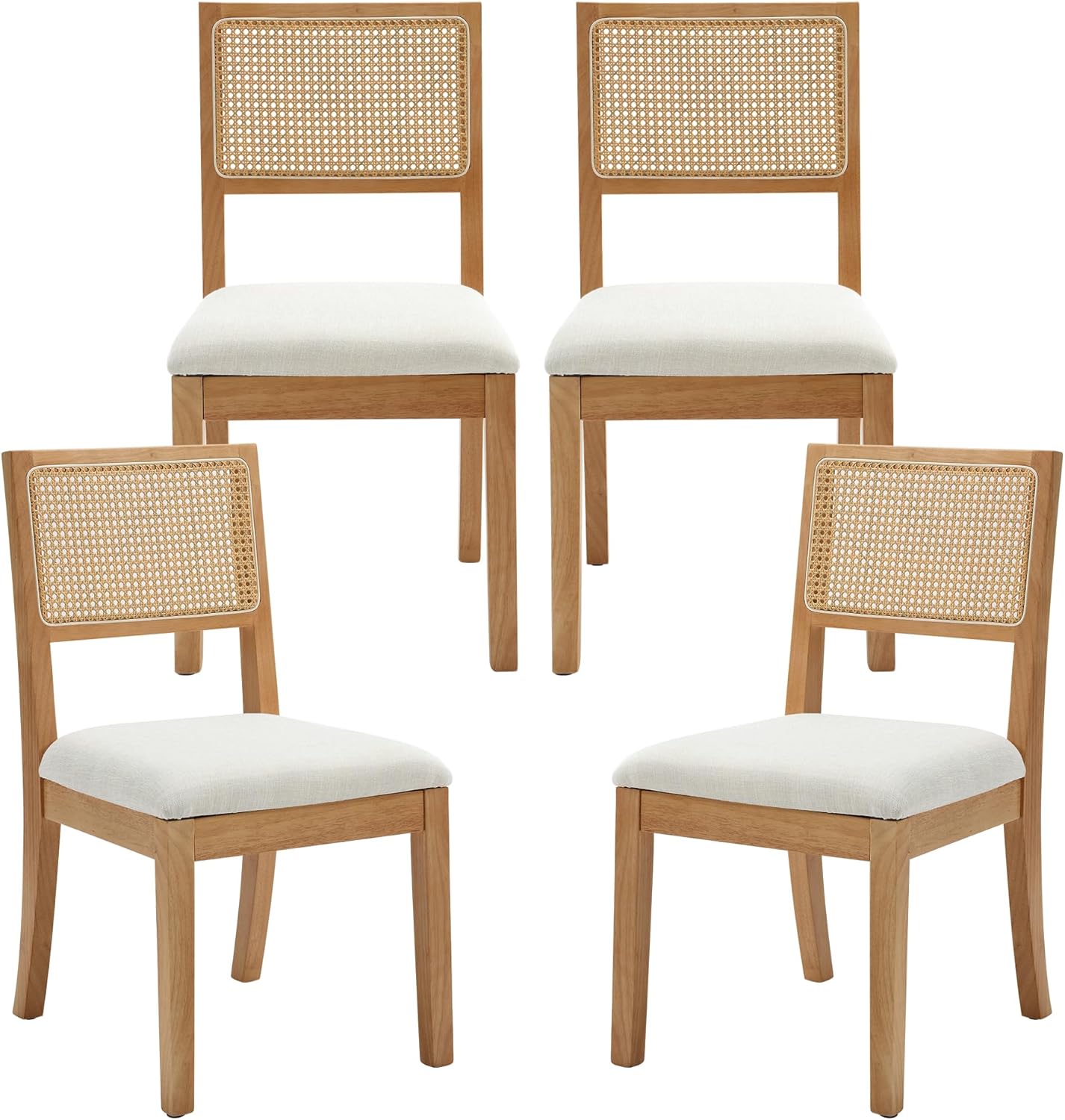 Westice Rattan Dining Chairs Set of 4, Farmhouse Natural Dining Room Chairs with Upholstered Cushion, Wood Armless Chairs for Kitchen/Restaurant
