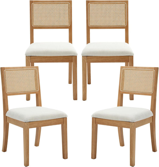 Westice Rattan Dining Chairs Set of 4, Farmhouse Natural Dining Room Chairs with Upholstered Cushion, Wood Armless Chairs for Kitchen/Restaurant