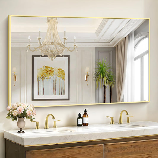 36x55inch Bathroom Mirror, Gold Rectangle Mirror with Thin Metal Frame, Large Rectangular Wall Mirror for Bathroom, Living Room, Hair Salon, Big Farmhouse Mirror Hang Horizontal/Vertical