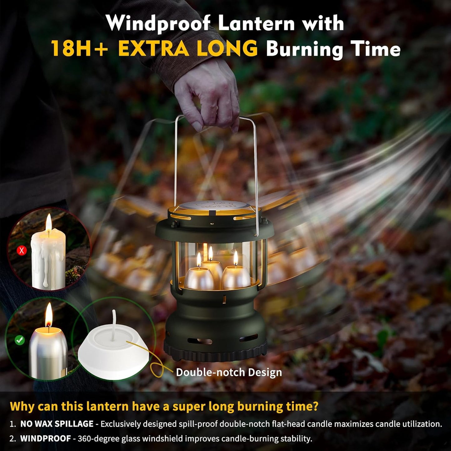3-Wick Emergency Candle Lantern for Power Outages [18H+ Burning Time] Vintage Decorative Candle Lantern for Real Candles, Outdoor Portable Camping Survival Lighting [7.1"*5.7" - Forest Green]