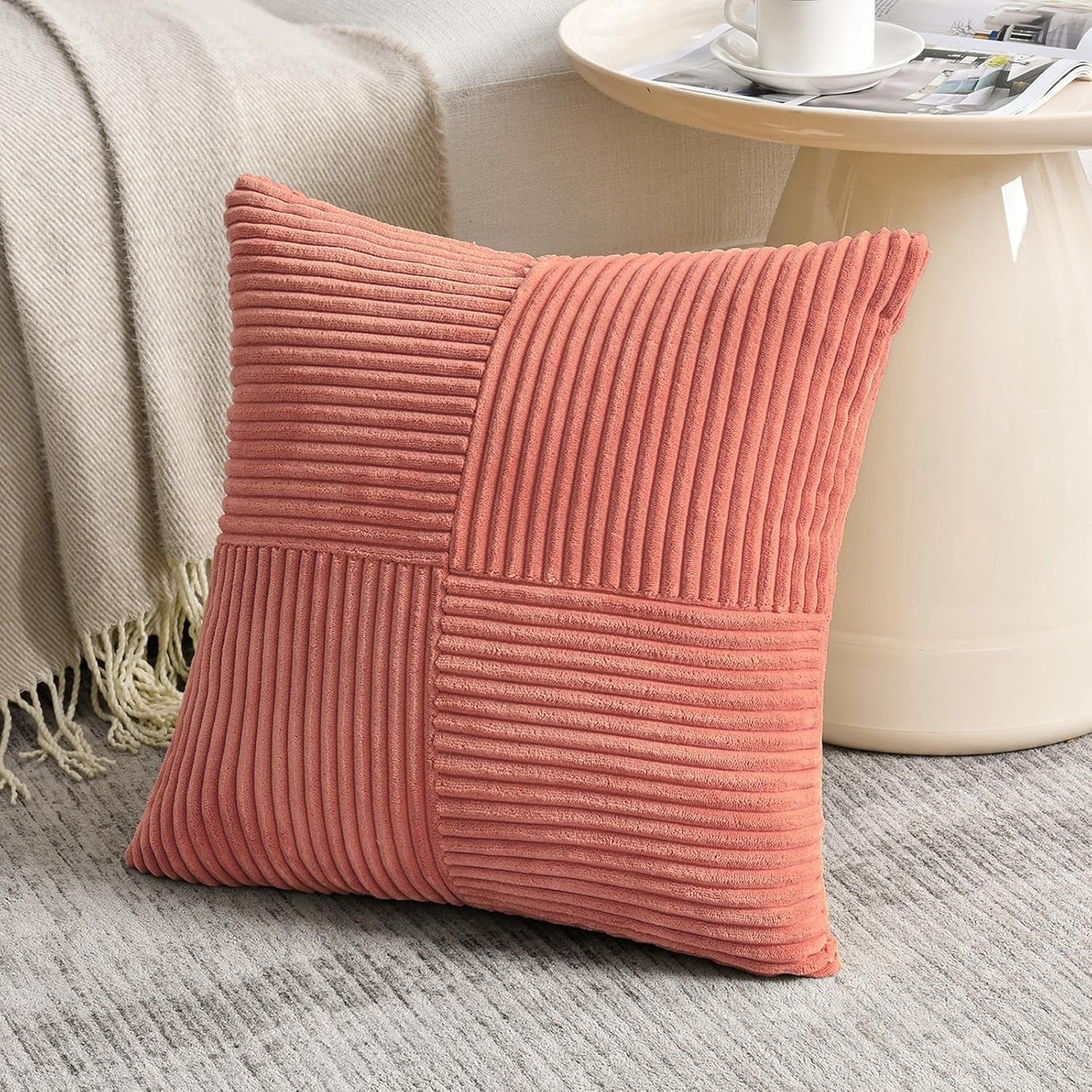 Fancy Homi 2 Packs Coral Big Decorative Throw Pillow Covers 24x24 Inch for Living Room Couch, Rustic Farmhouse Boho Home Decor, Soft Corss Corduroy Patchwork Accent Peach Square Cushion Case 60x60 cm