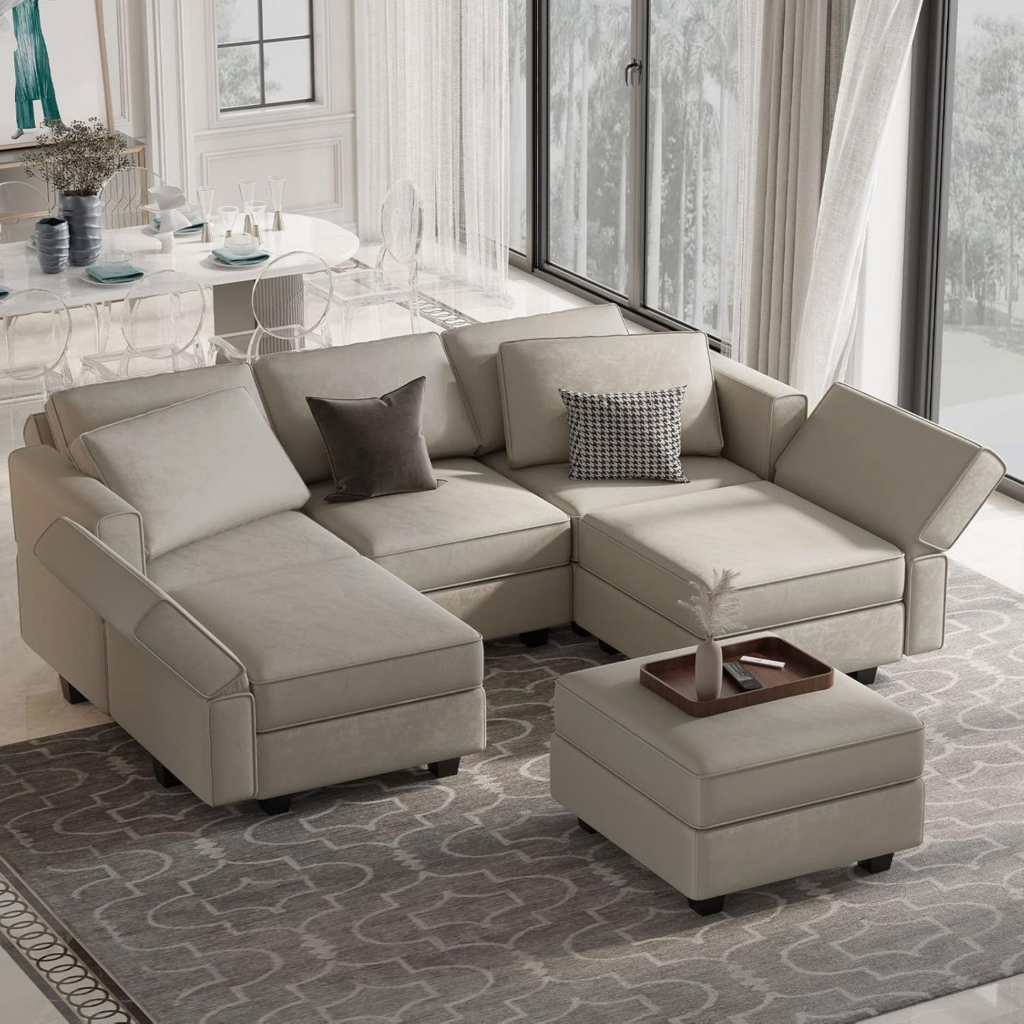 Belffin Modular Velvet Sectional Sofa with Chaise Lounge Sectional Sleeper Sofa with Storage Chaise Bed Couch for Living Room Grey