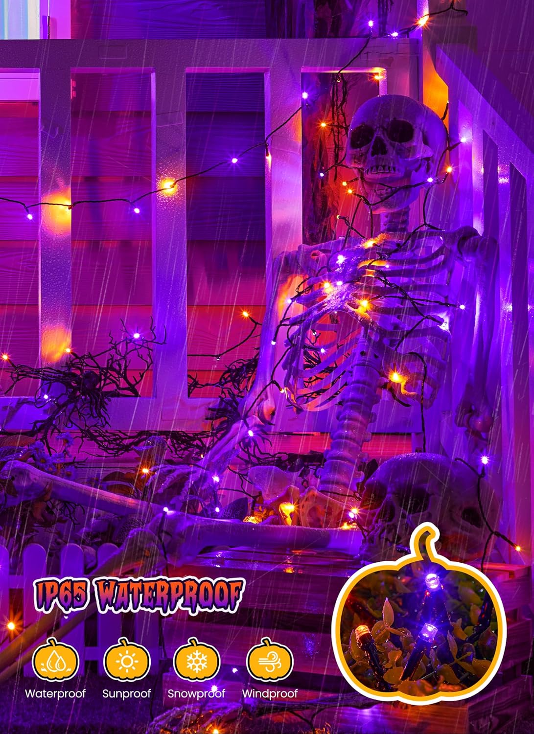 Brightown 2 Pack Halloween Solar String Lights Outdoor, Total 144Ft 400 LED Twinkle Fairy Lights Waterproof with 8 Modes Auto On/Off for Patio Tree Garden Party Home Decorations (Orange&Purple)