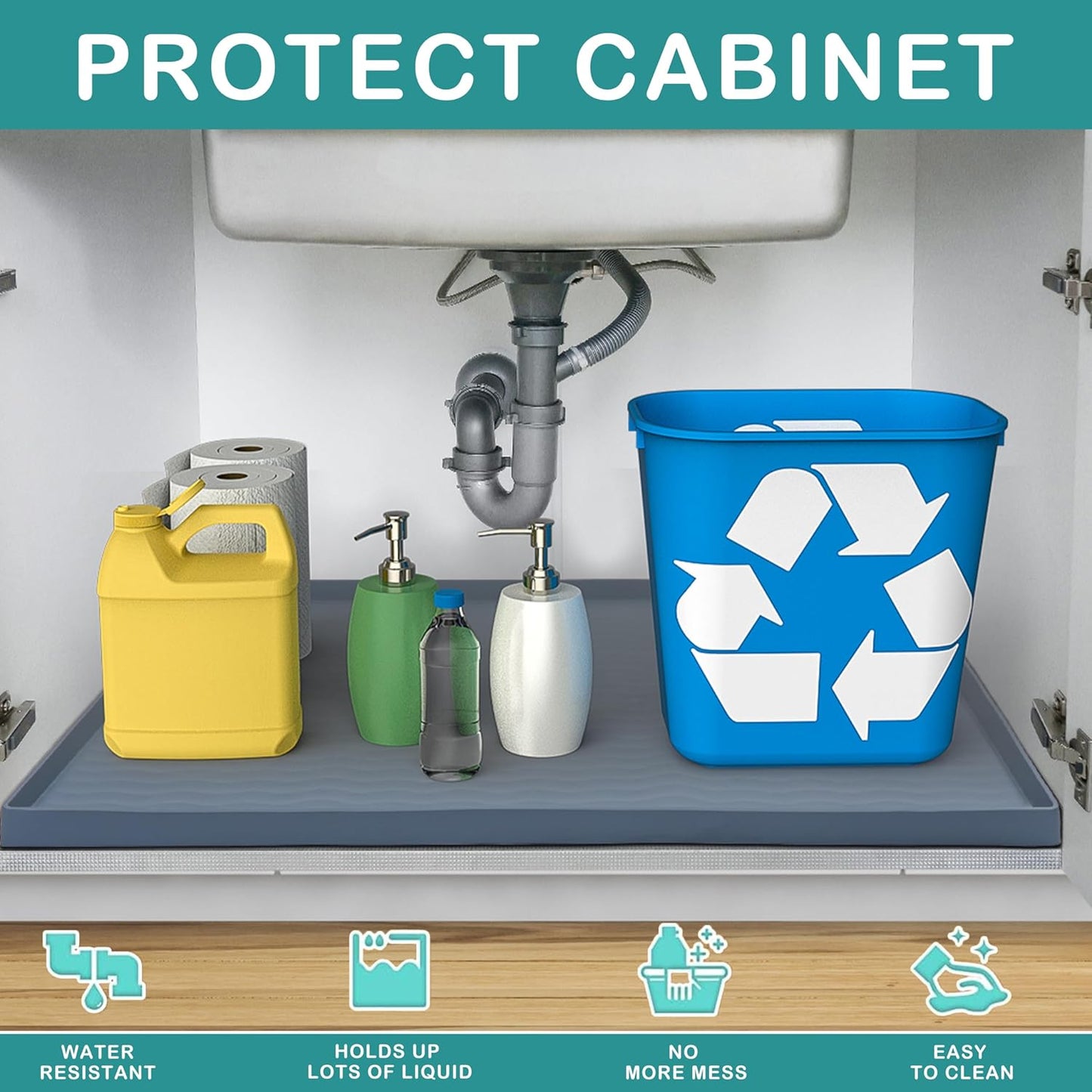 URMONA Waterproof Silicone Under Sink Mat 25'' x 19'' Shelf Liner for Kitchen and Bathroom, Cabinet and Counter Protector, Storage and Organizers, Litter Mat, Pet Cat Puppy Essentials(Black)