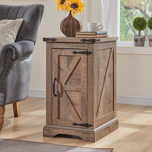 JXQTLINGMU Nightstand with Charging Station, Rectangular Farmhouse End Table with Barn Door and Adjustable Storage Shelf, 17" Deep Wood Rustic Sofa Side Table for Living Room, Bedroom, Light Brown