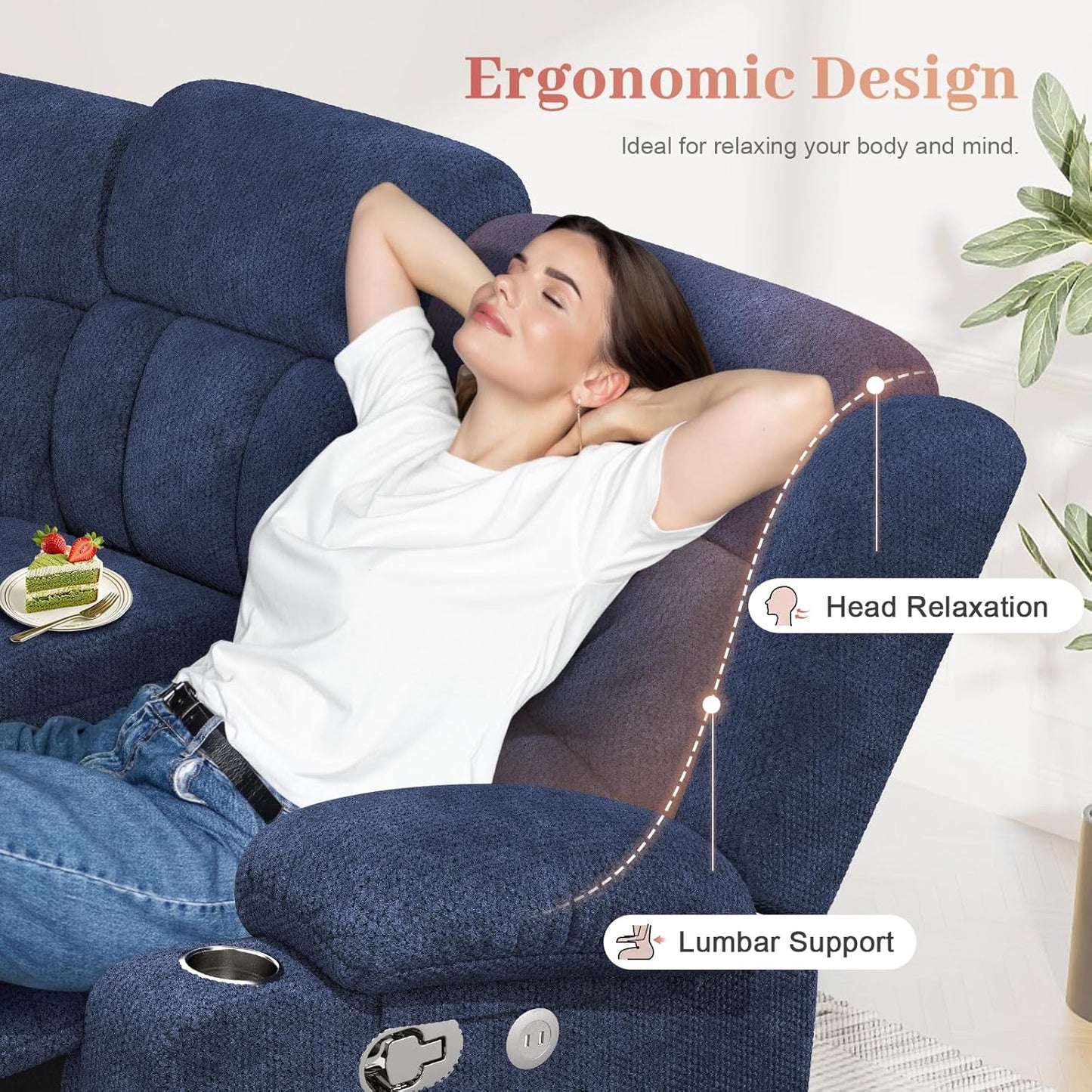 Loveseat Recliner Sofa, 2 Seater Curved Sofa for Living Room, Fabric Manual Pull Tab Reclining Loveseat with Storage Console, Recliner Loveseat Couches with USB Charge Ports, Cup Holders, Blue