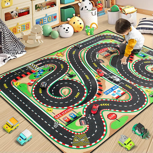 Kids Rug, Race Track Baby Play Mats, Realistic 3D Cascading Surround Route, 3x5 Ft Kids Rug for Playroom, Great for Playing with Cars and Toys, Non-Slip Car Carpet