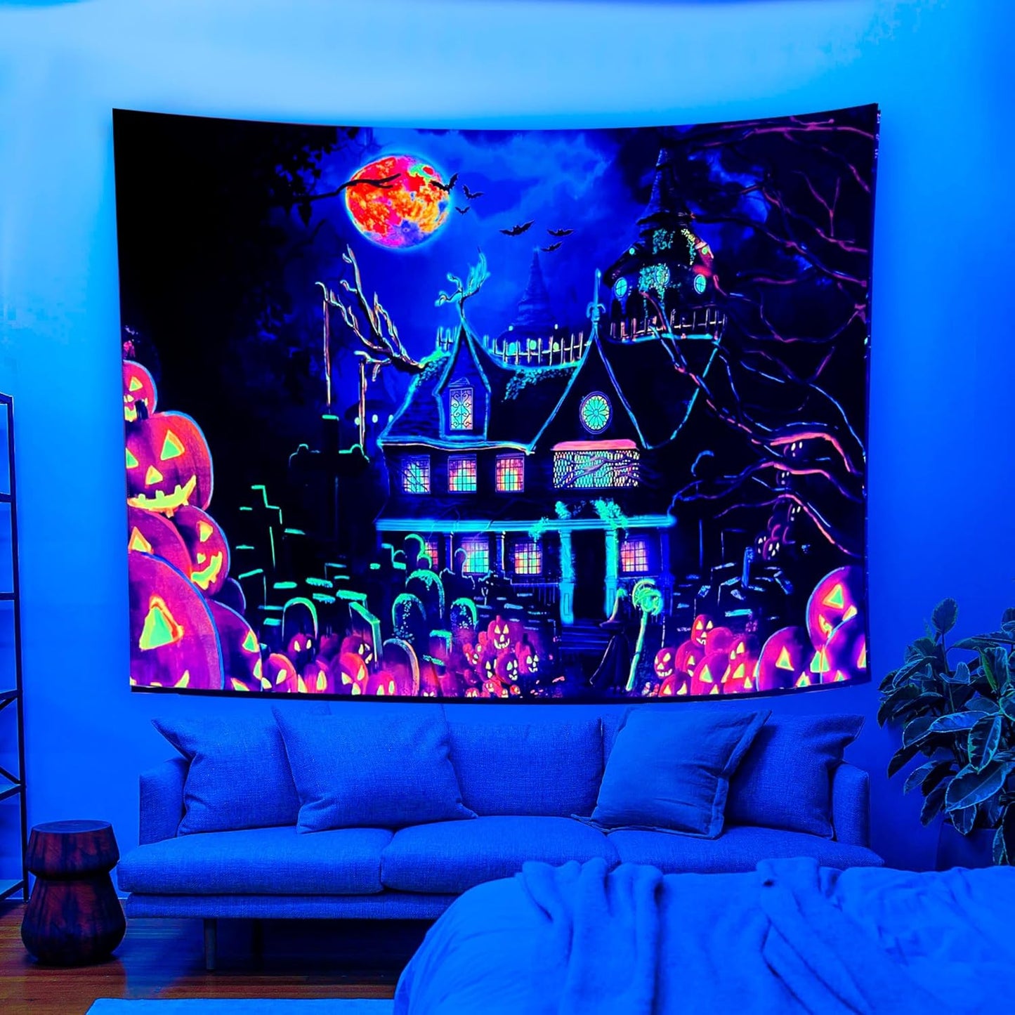 OSVINO Blacklight Halloween Castle Tapestry 59"x51" Pumpkins Bats Crosses Backdrop Bedroom Aesthetic Hippie Room Decor Glow in The Dark Wall Poster for Halloween Easter