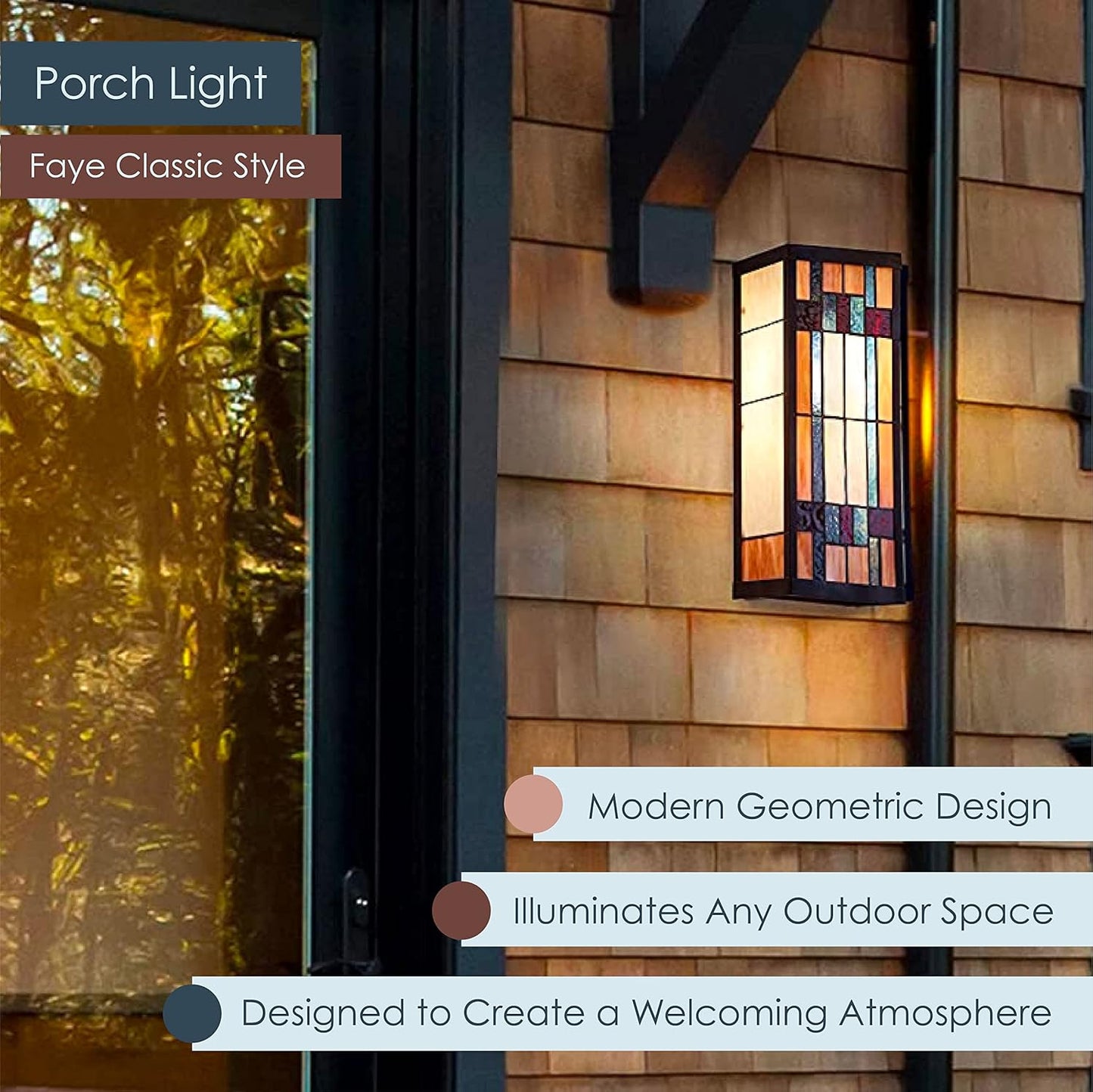 RIVER OF GOODS Art Deco Stained Glass Outdoor Light Fixture - Large Exterior Outdoor Wall Lights for House, Patio, Porch, Garage - Wall Mount Lighting Fixtures - 16.25" H - Faye