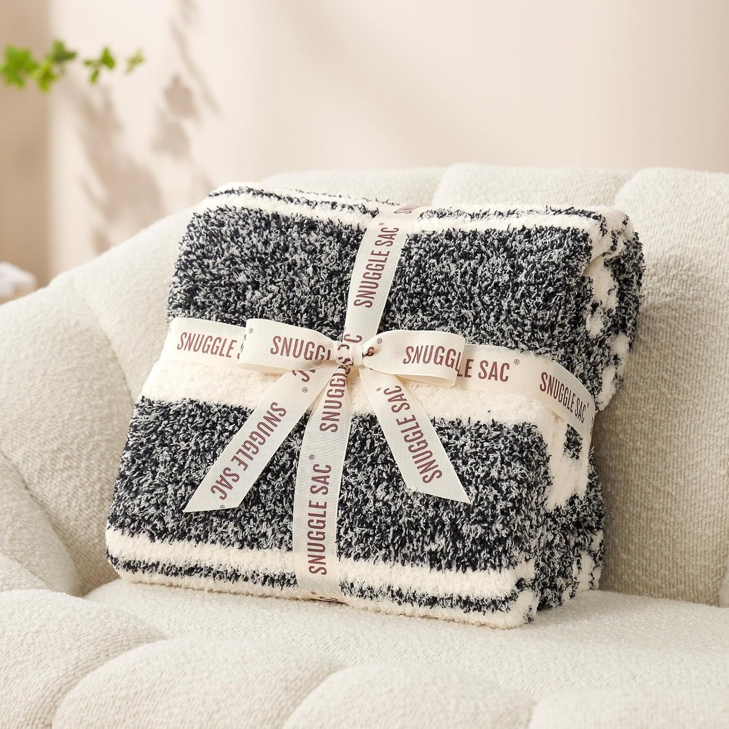 Snuggle Sac Stripe Black Throw Blanket for Couch, Reversible Super Soft Warm Blankets Cozy Knit Fuzzy Plush Lightweight Throws for Sofa, Bed, Stripe Black, 50x60 inches