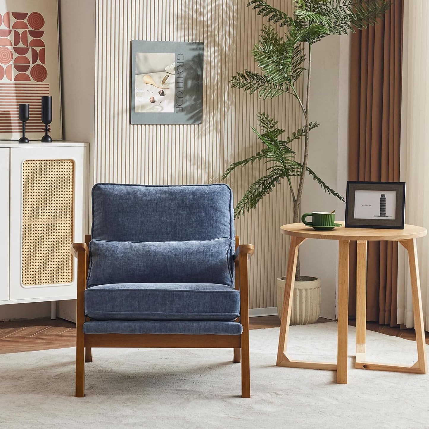 Karl home Accent Chair Wide Armrest Mid-Century Lounge Chair Chenille Armchair with Lumbar Pillow & Solid Wood Frame for Living Room, Bedroom, Balcony, Dusty-Blue