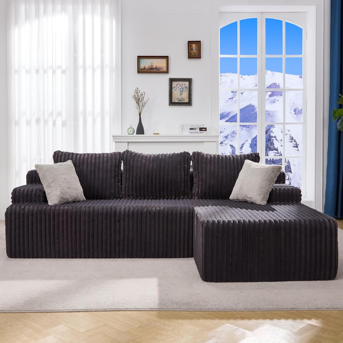 Hobestluk 96” Modular Sectional Sofa Couches L-Shape Couch 3 Seat Modular Sofa Memory Foam Sectional Couches for Living Room, Cloud Couch with Oversized Chaise (Grey, Stripe (Right Facing Chaise))