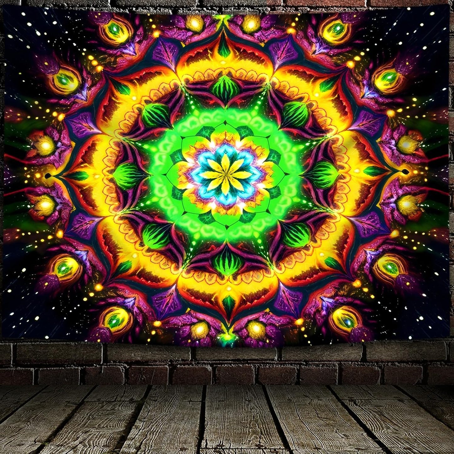 Blacklight Mandala Tapestry for Bedroom, Psychedelic Flower Black Light Posters for Adults and Teens, UV Reactive Aesthetic Bohemian Art Wall Hanging Decor Golden and Green (80 x 60 Inches)