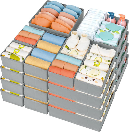 DIMJ Drawer Organizer Clothes 18 Pack - Foldable Baby Organizers and Storage & Dresser Organizer for Bedroom, Closet - Nursery Organization Dresser Dividers for underwear, Sock,Bra, Belt, Tie, Gray