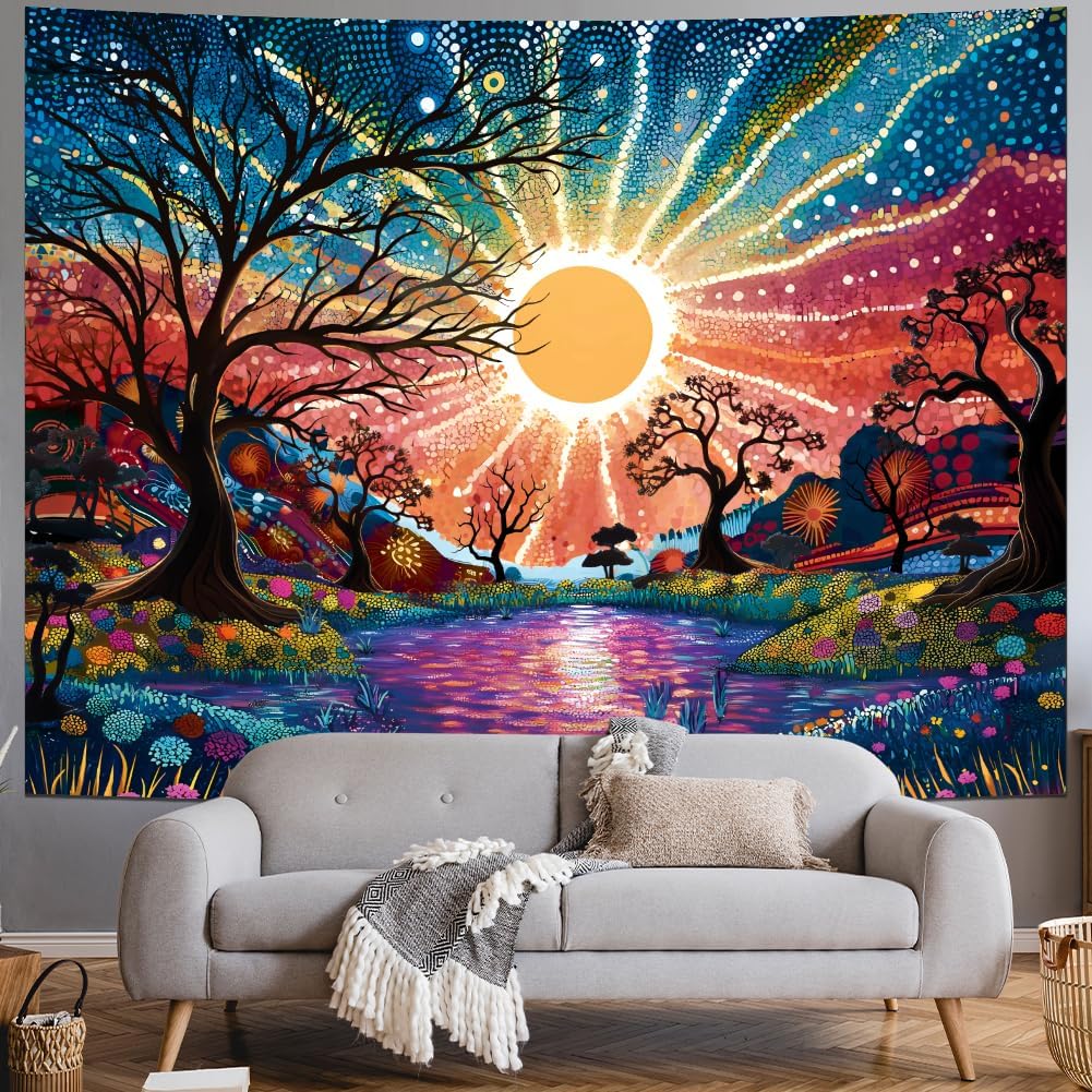 Serborlur Tree of Life Tapestry Trippy Sun Forest Tapestries Colorful Starry Sky Tapestries Hippie Nature Landscape Wall Tapestry Aesthetic Vintage Wall Hanging for Bedroom (51.2" × 59.1")
