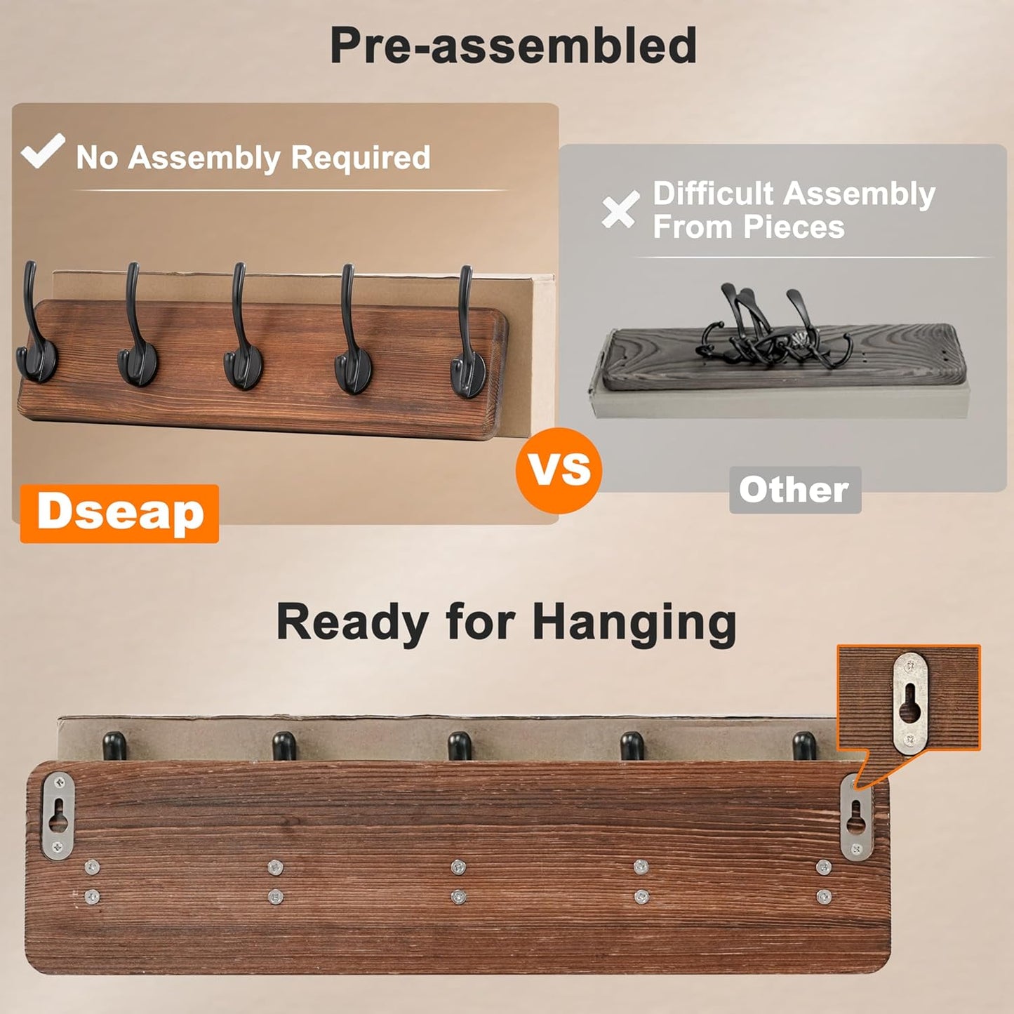 Dseap Coat Rack Wall: Patented, Heavy-Duty, 5-Double-Hooks Wooden Wall Mounted Coat Rack Coat Hanger Hook Rail for Winter Coats Hat Jacket Clothing, White & Black, Pack of 2