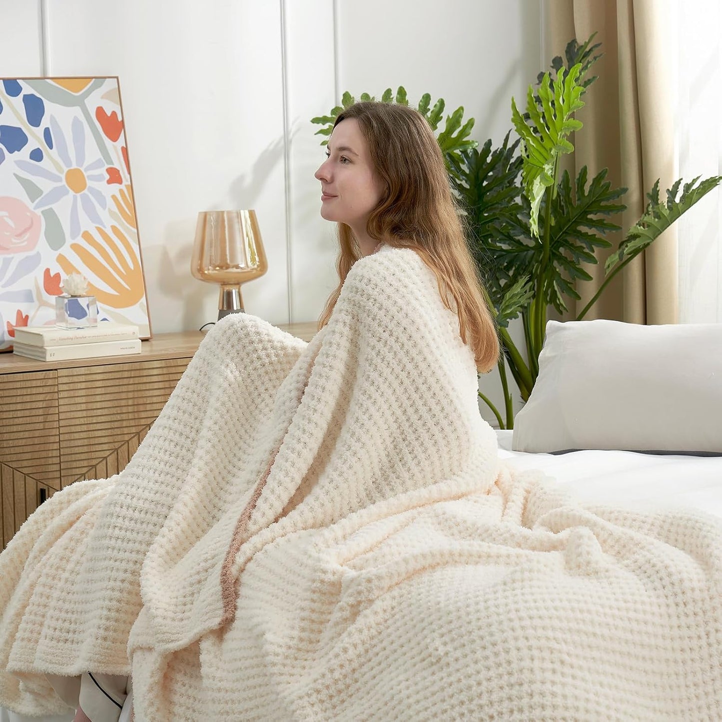 Snuggle Sac Cream Bedding Blankets Queen Size 90x90 inches, Reversible Microfiber Fluffy Fuzzy Soft Throw Cozy Knit Blanket for Women Mothers Birthday Gifts