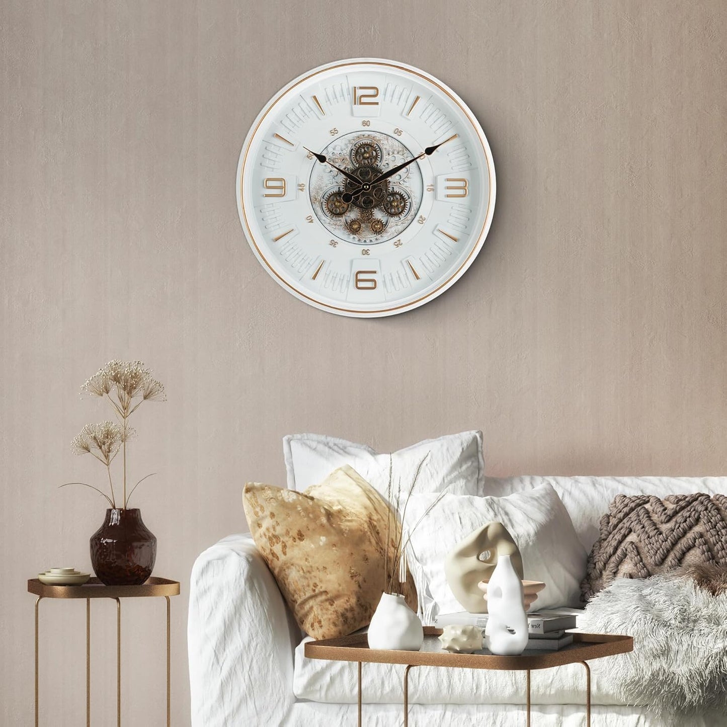 Maxstar Large Vintage Moving Gear Wall Clock, 20''Battery Operated Industrial Steampunk Metal Decor for Living Room, Office,Fireplace, Farmhouse(Arabic Number-Platinum Coating)