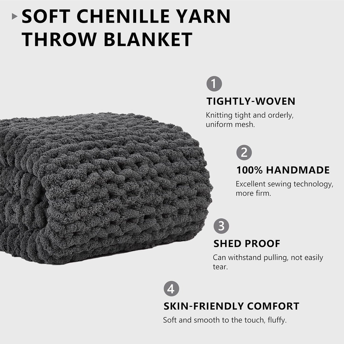 L'AGRATY Chunky Knit Blanket Throw - Soft Throw Blanket 40x50: 100% Hand Kintted Chenile Crochet Throw Blanket for Couch - Large Cable Knit Blanket for Home Decor (Dark Grey)