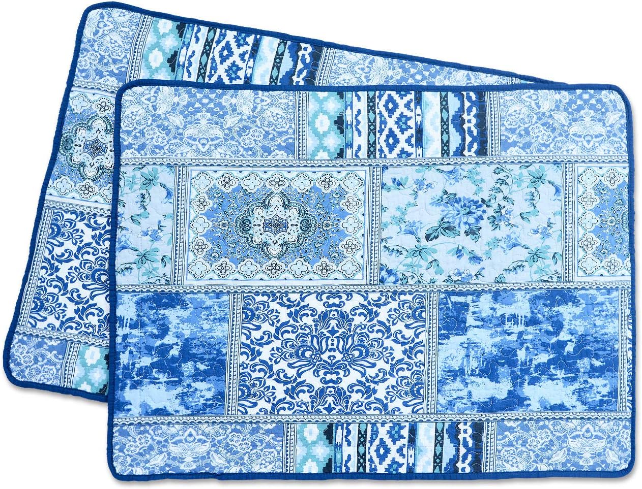 NEWLAKE Quilted Cotton Bed Pillowcases,Blue Classic Bohemian Pattern, 2 Pieces, 20x36 Inch