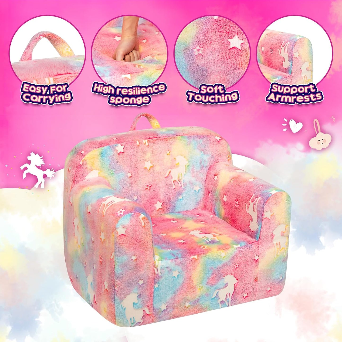 ALIMORDEN Kids Ultra-Soft Snuggle Foam Filled Chair, Cuddly Sherpa Reading Couch for Boys and Girls,Glow-in-The-Dark Unicorn Pattern