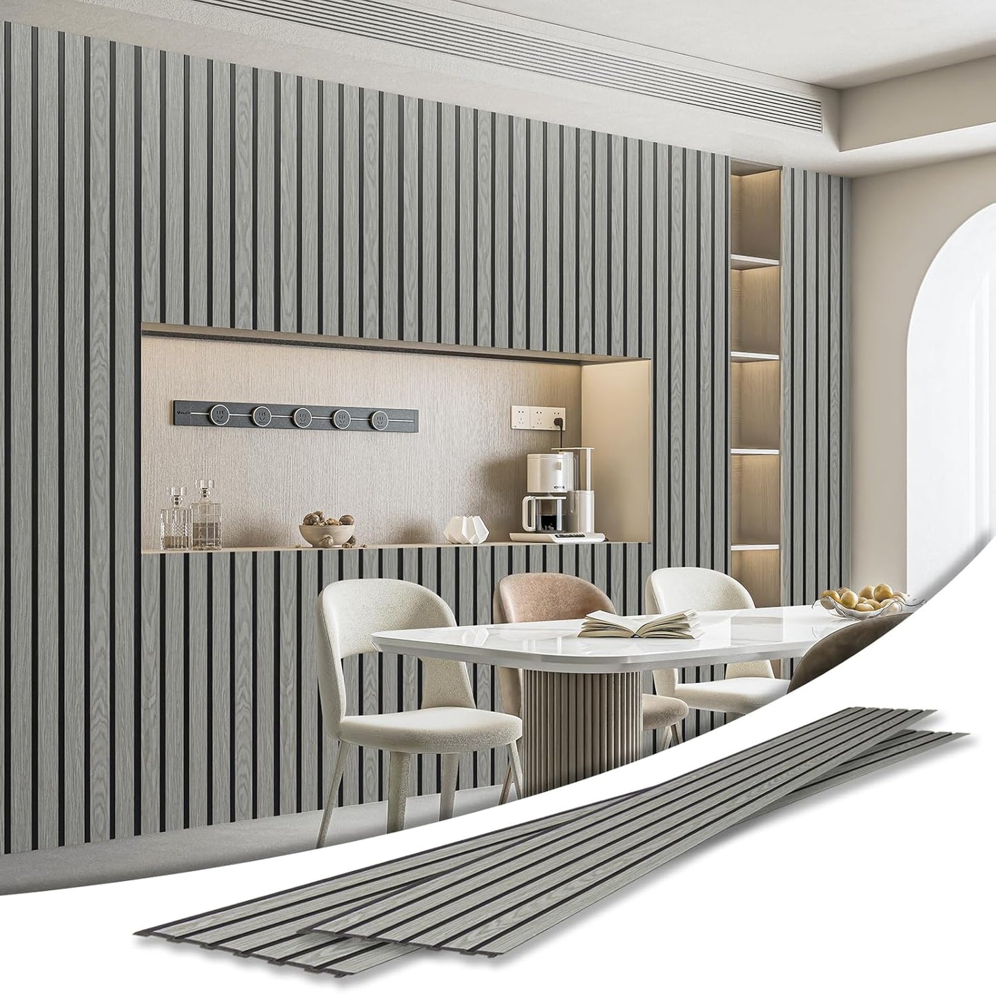 Art3d 4-Pack Glue-On Six-Grid Wainscoting Panel for Interior Wall Decor - 104 x 12 Inch Polystyrene Ultralight Slim Slat Wall Panels for Living Room Bedroom, Ash