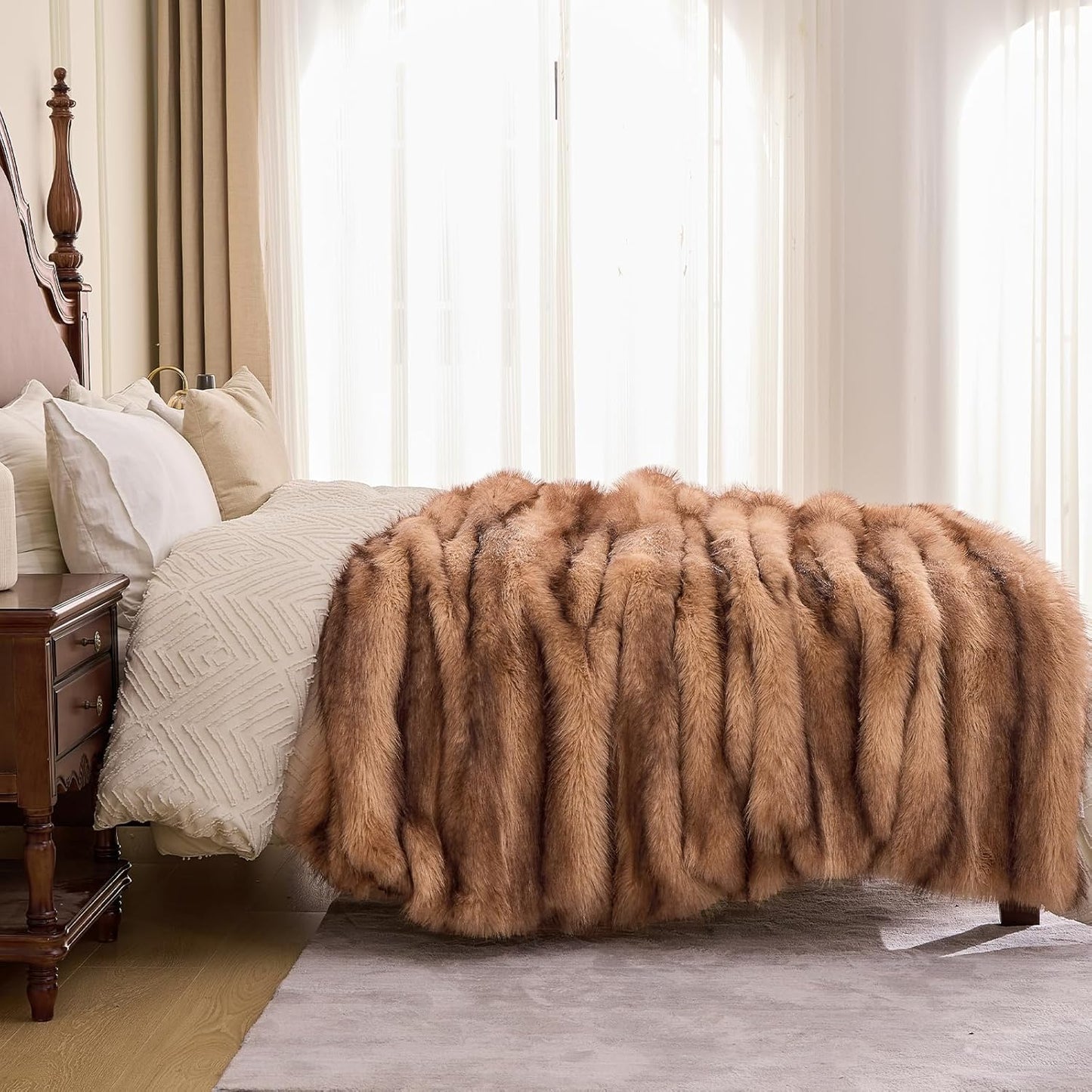 Fluffy Faux Fur Throw Blanket – Super Soft Warm Thick Plush Blanket for Bed, Couch & Office, Cozy Fuzzy Throw with Flannel Backing,60"x80", Brown