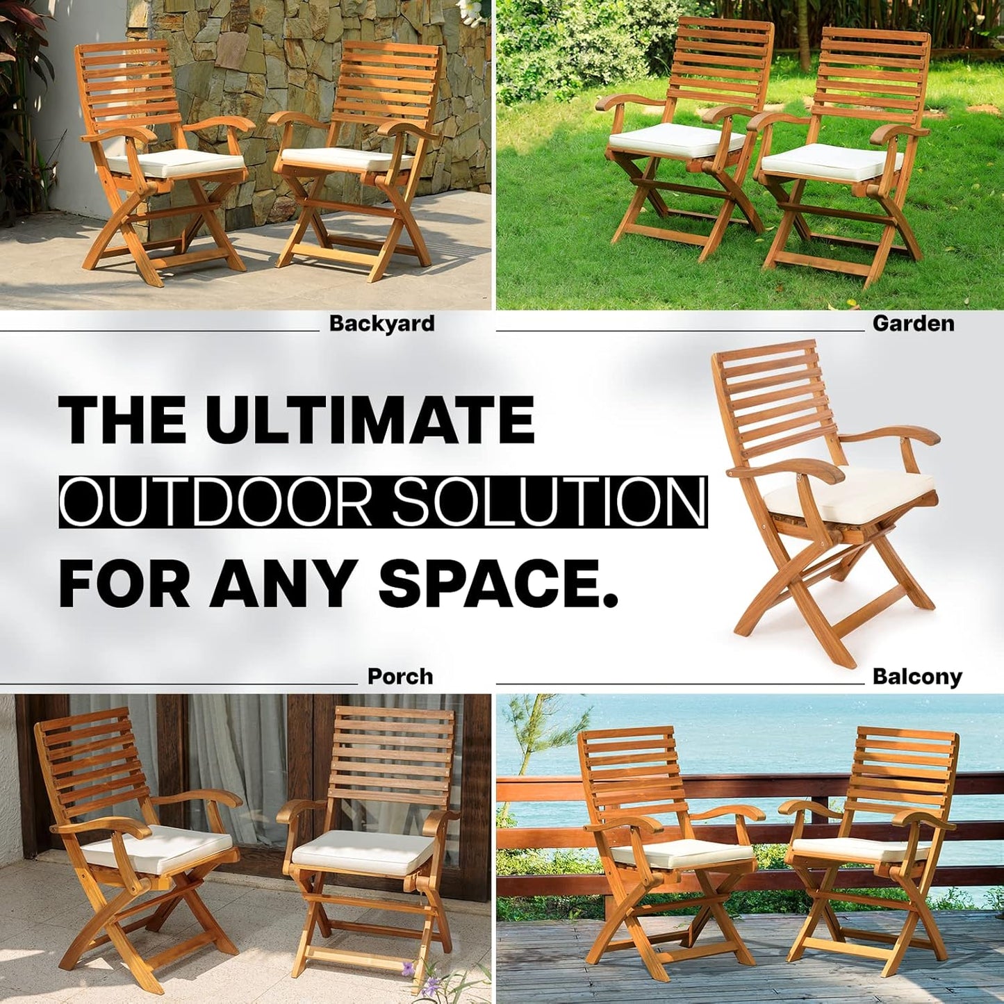 IDZO, Percy Chairs Heavy Duty 400lbs Capacity Set of 2 w/Cushion, FSC Acacia Outdoor Furniture, Teak Finish, Fully Assembled, Wood Folding_Beige