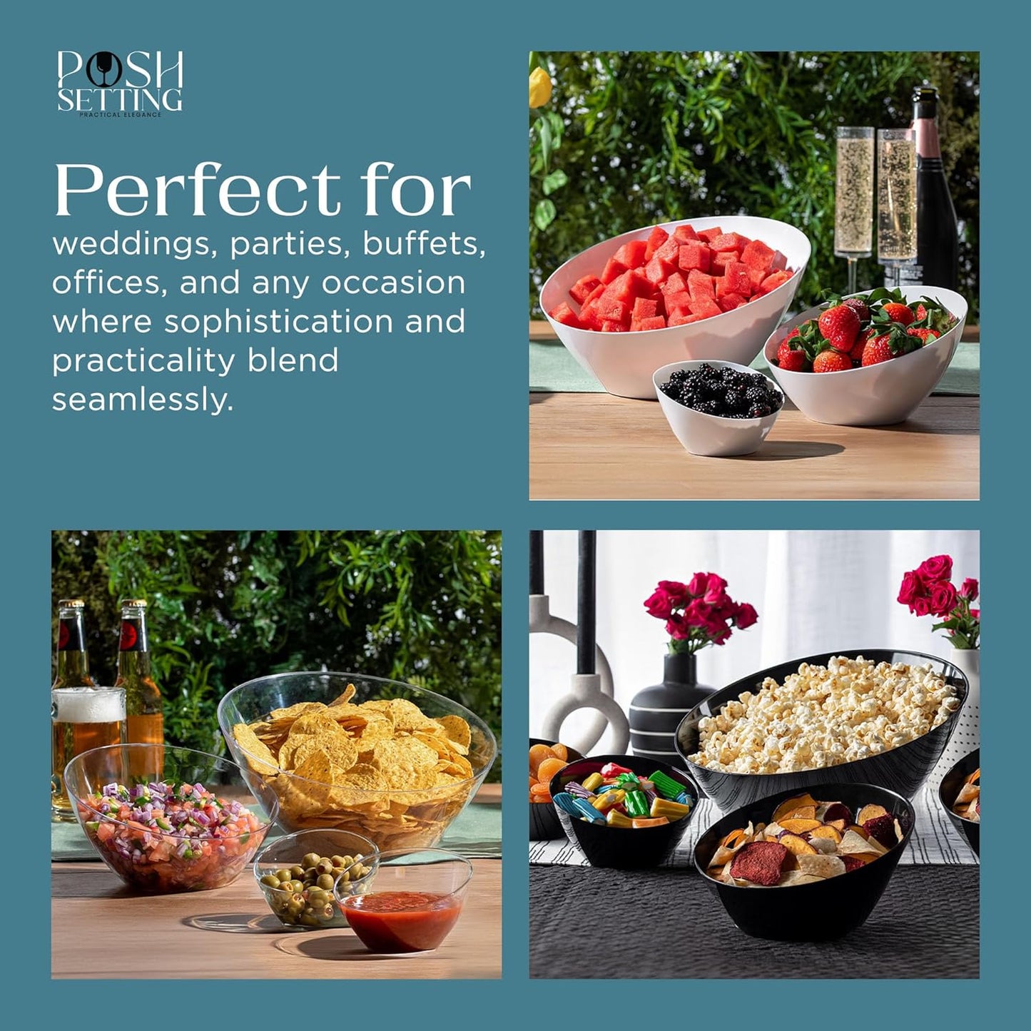 Posh Setting Black Plastic Serving Bowls Disposable - Angled Bowls - Angled Candy Bowl - Plastic Snacks & Chip Bowls for Parties - Black, Gold & Clear, White Serving Dishes, 8 OZ, 5 Pack