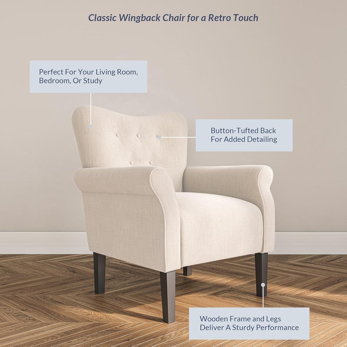 BELLEZE Modern Accent Chair, High Back Armchair, Upholstered Wingback Side Chair, Padded Single Sofa with Wooden Legs for Living Room, Bedroom - Beige