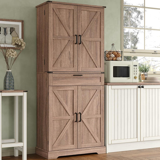 72'' Kitchen Storage Pantry Cabinet, Tall Storage Cabinet with 8 Door Shelves, 2 Cabinets and 1 Drawer, Freestanding Cupboard for Kitchen, Dining Room, Bathroom, Laundry, Living Room, Espresso