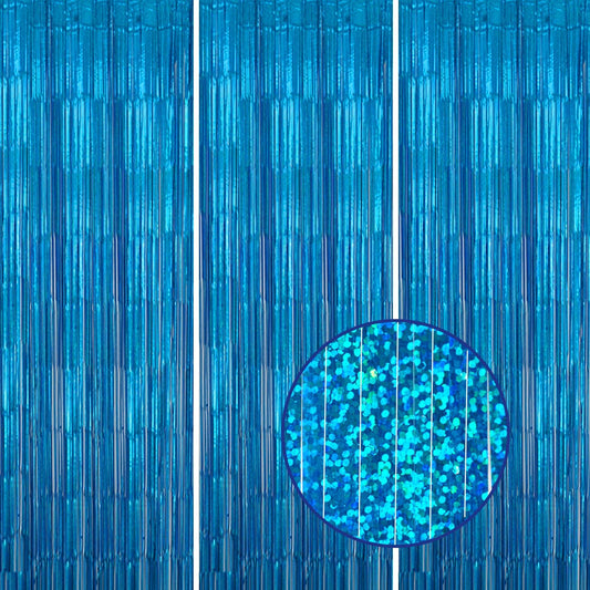 3 Pack Foil Fringe Backdrop - Laser Blue Shiny Tinsel Curtains for Party Decoration/Photo Booth Props - 3.3x8.2 FT Metallic Foil Backdrop for Birthday, Wedding, Graduation, Christmas.