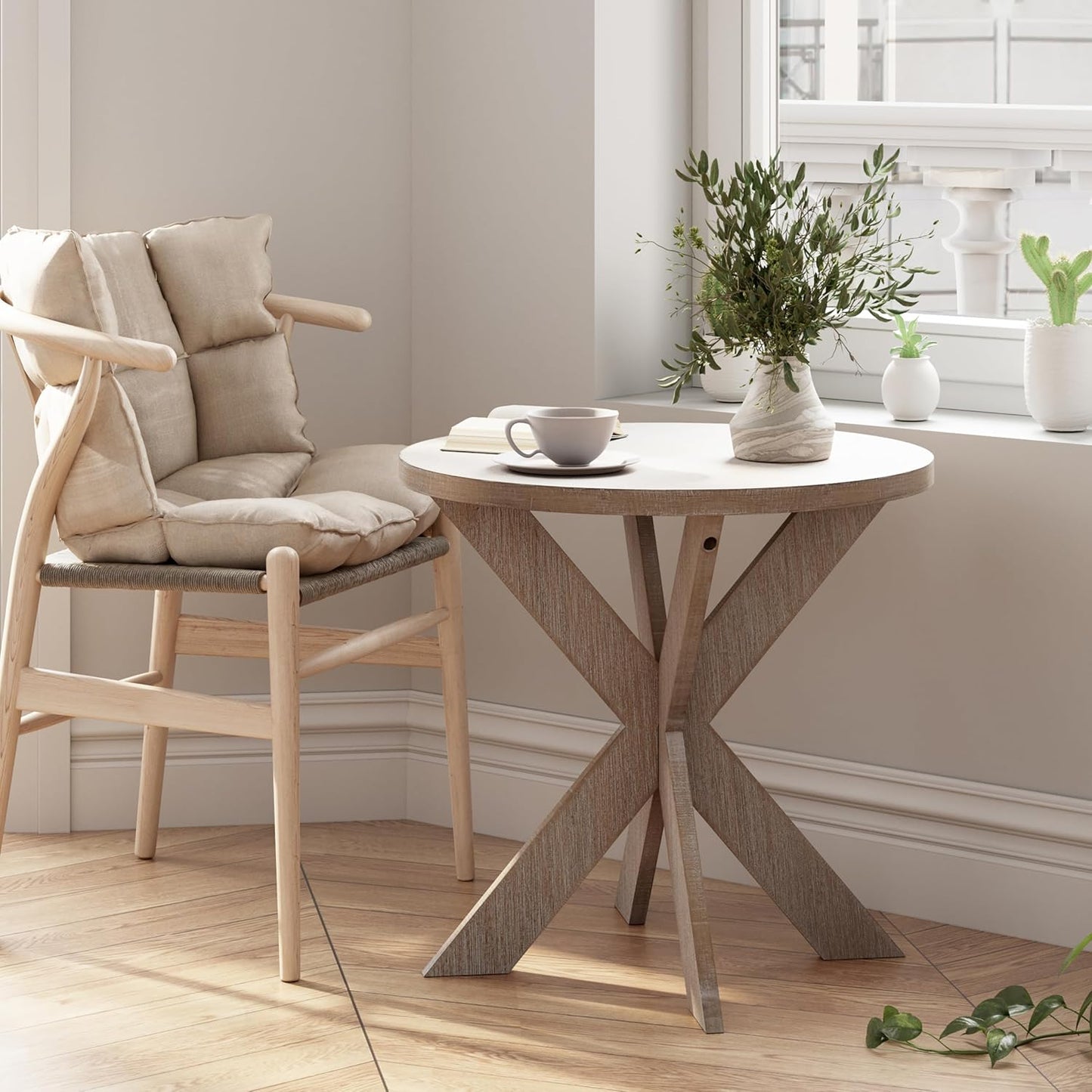 Rustic Farmhouse End Table with Storage Shelf, French Country Accent Side for Family, Dinning or Living Room, Small Spaces, Modern, Round, Vintage Blue Finish, Curved Leg