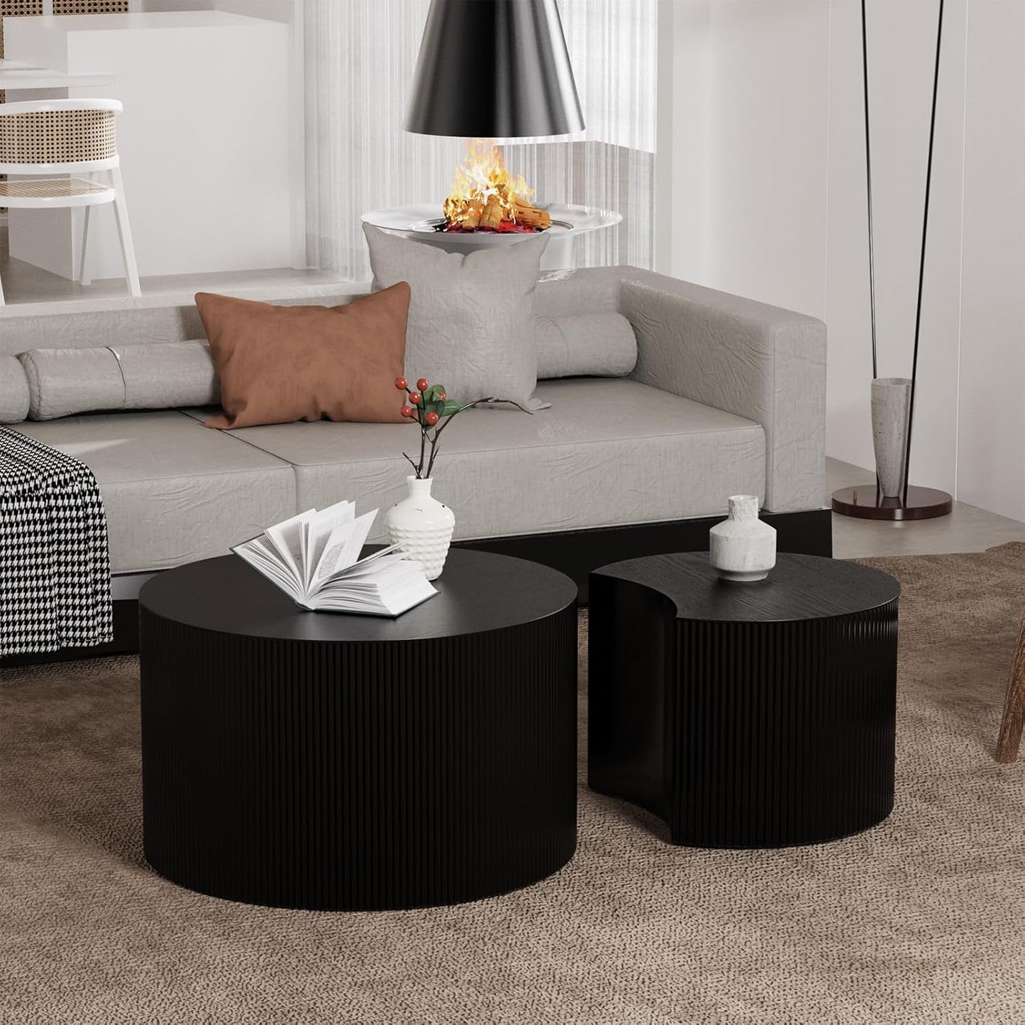 Round Nesting Coffee Table Set of 2 Handcraft Circle Fluted Nesting Coffee Tables Circular Side Table Drum Accent End Tables for Living Room Bedroom (Black Large)