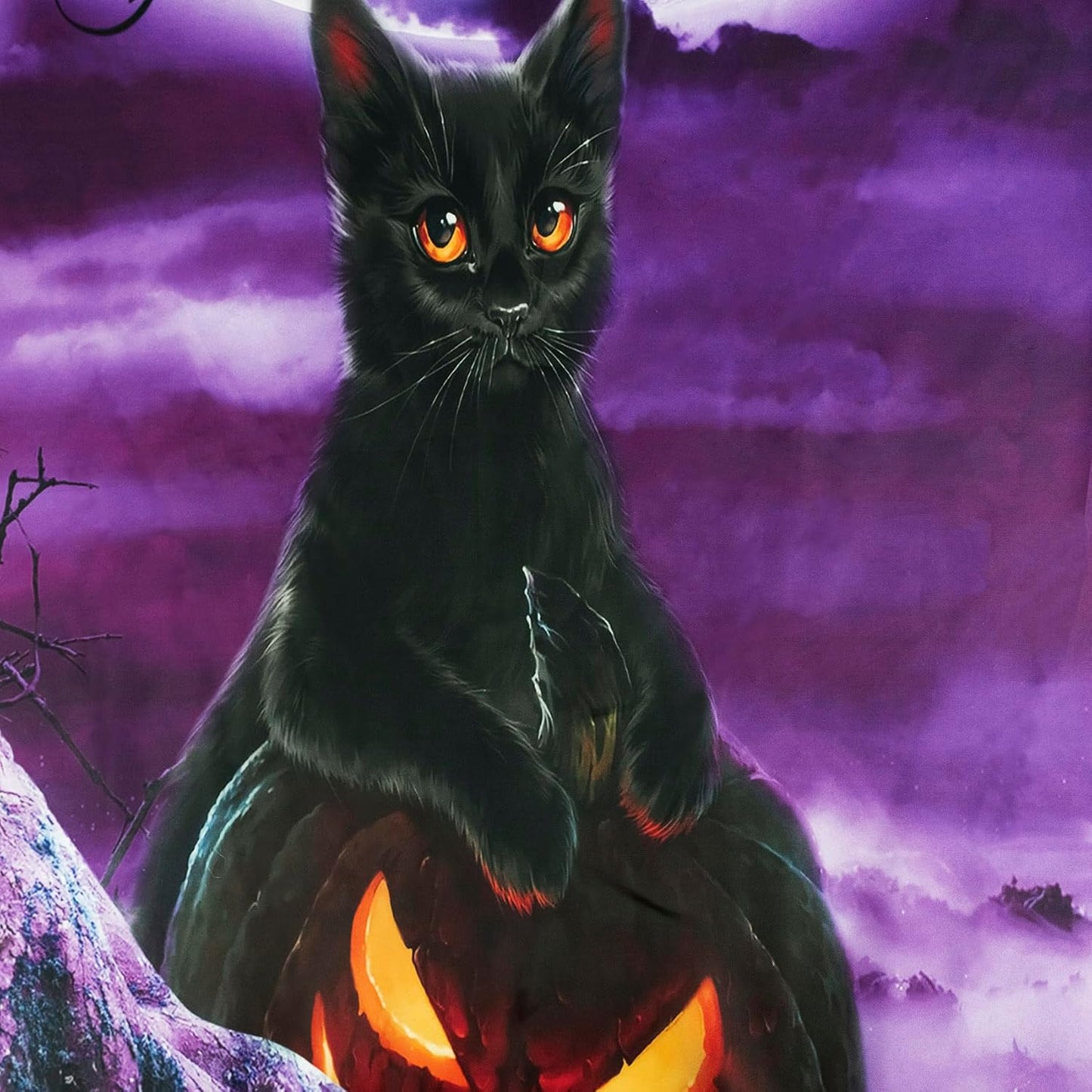 LB Halloween Wall Art - Horror Witch Cat and Dead Tree Pumpkin Lights with Spooky Graveyard Purple Full Moon over Misty Forest Wall Tapestry for Bedroom and Living Room - 80x60 Inches