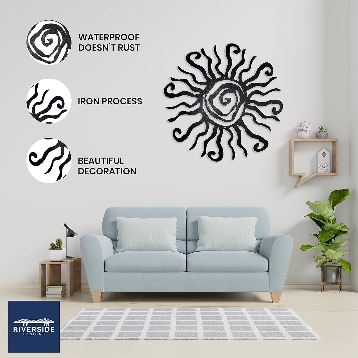 Riverside Designs Wacky Sun Metal Wall Art Indoor/Outdoor Decor - 24" Black Rust Proof Wall Sculpture - Made in USA - Ideal for Bedroom, Garden, Home, Patio and Farmhouse