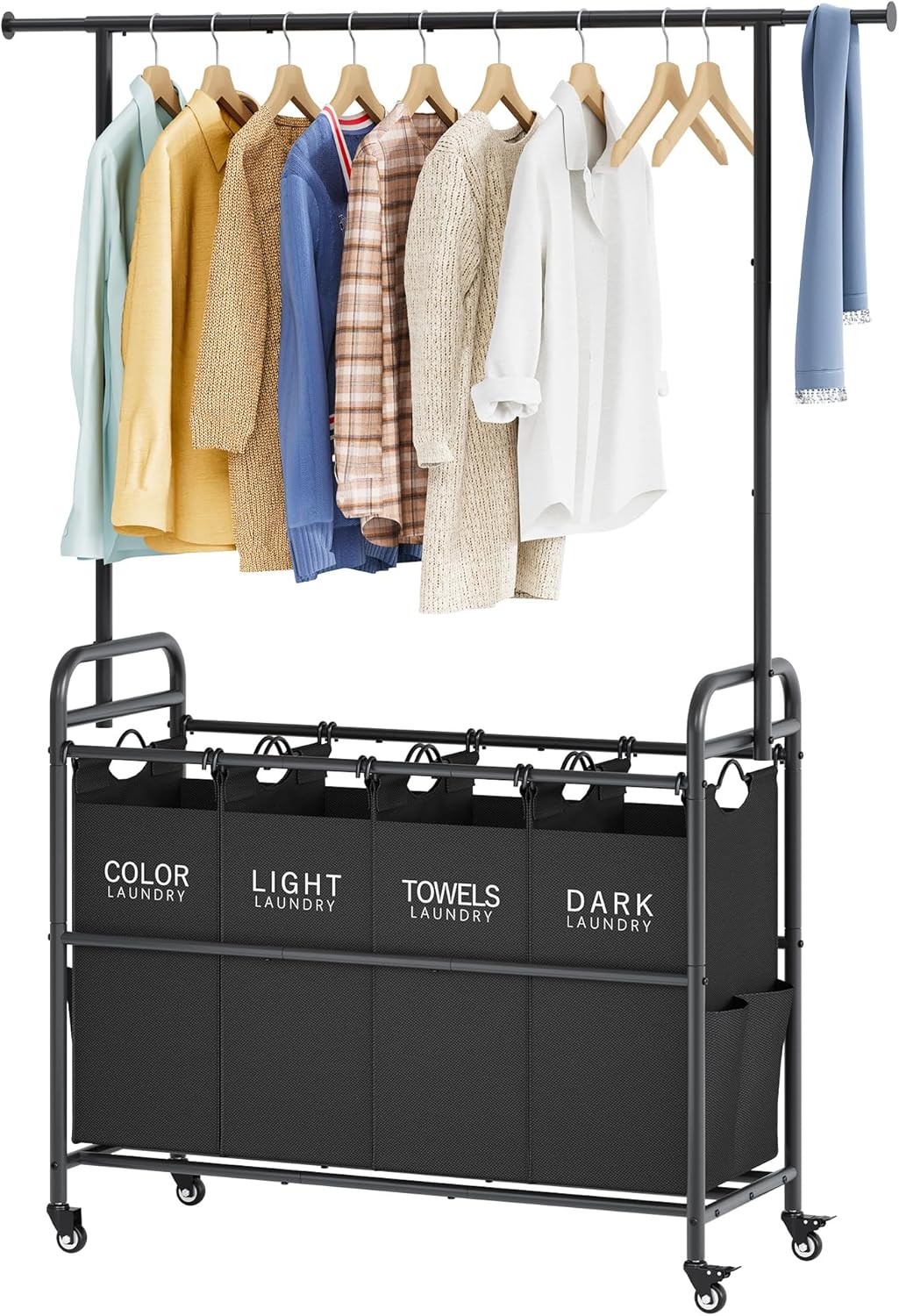 Tajsoon Laundry Sorter Cart with Hanging Clothes Rack, 4 Butler Sorter Basket Organizer, Laundry Hamper Cart with Heavy Duty Rolling Lockable Wheels, Black