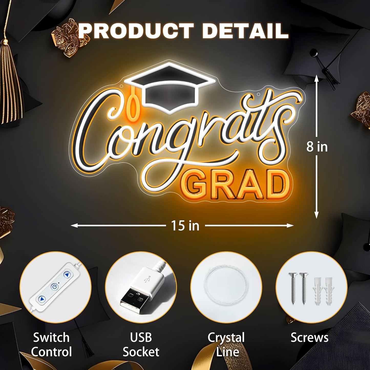 SELICOR Congrats Graduation Neon Sign with Cap - 15" x 8", Adjustable LED Light Up Sign for Prom Party, Photos, Class of 2025 Celebrations, Graduation Gift for Dorm Backdrop Room Decor