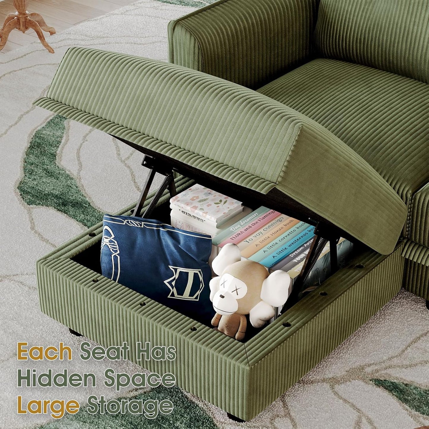 LLappuil Modular Sectional Sofa with Storage Seats, Corduroy Convertible Modular U Shaped Sectional Couch for Living Room, 8 Seat Oversized Sofa with 8 Back Cushion 8 Throw Pillow, Green