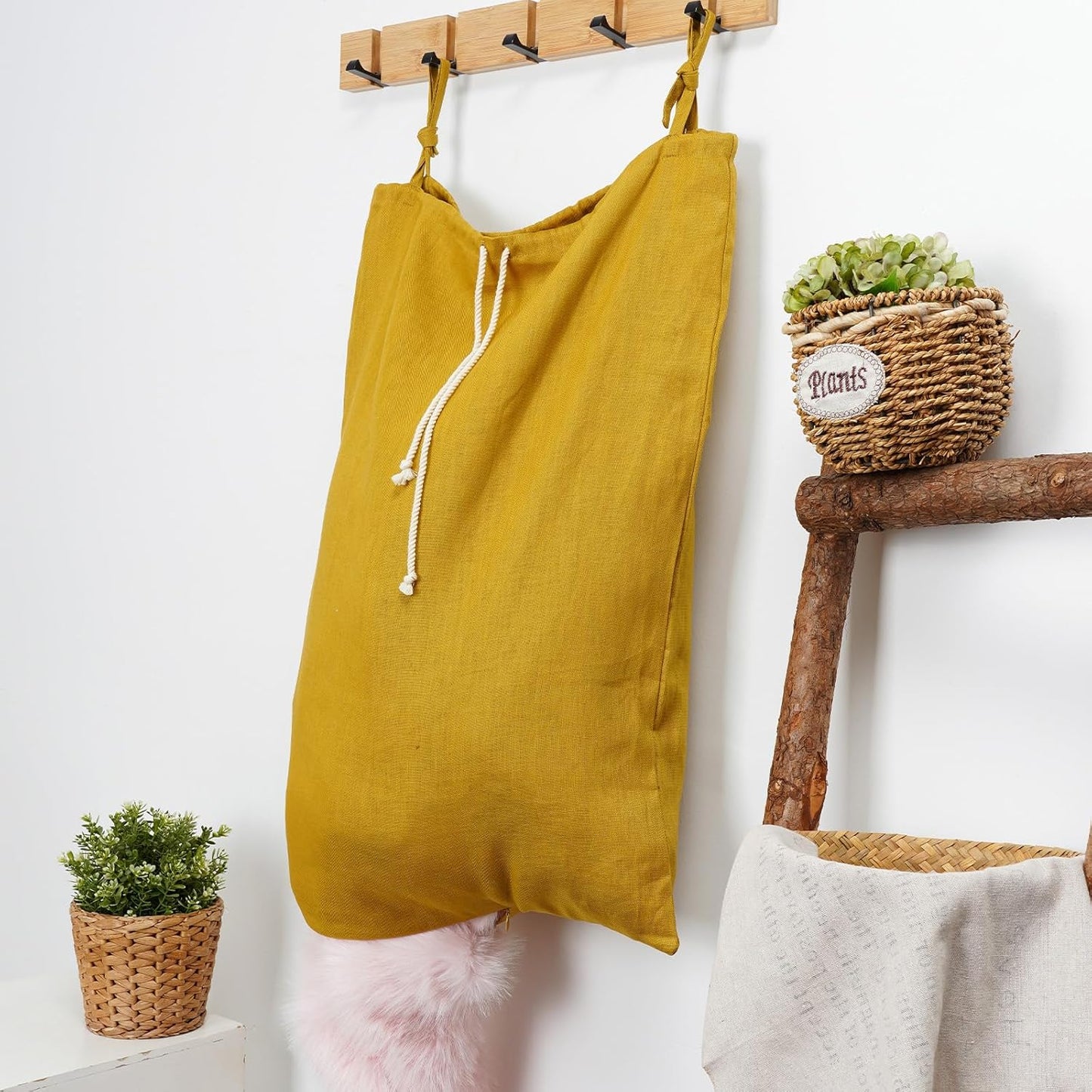Linen Hanging Laundry Bag, Over The Door Laundry Hamper for Dirty Clothes, Drawstring Closure with Bottom Zipper, Turmeric